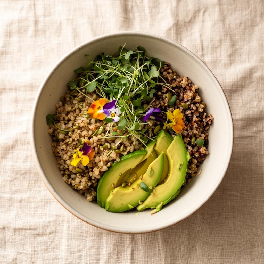 A nourishing healthy bowl with avocado, grains, and microgreens