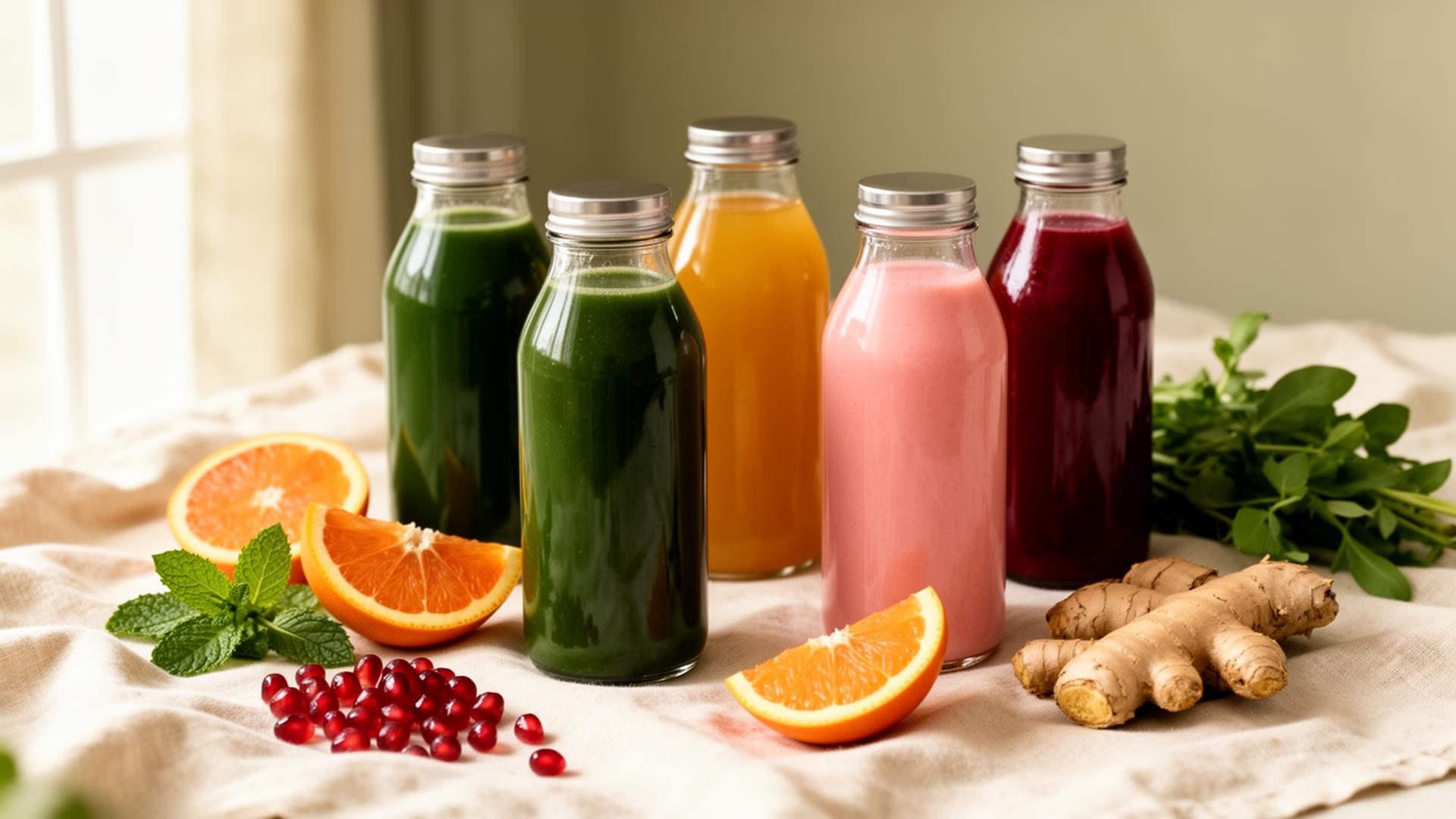 Cold-pressed juice bottles with fresh fruits